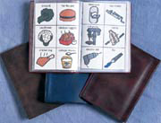A 20 page communication book. 5 1/8 x 6 3/4 and fits in a purse or large pocket.; www.mayer-johnson.com